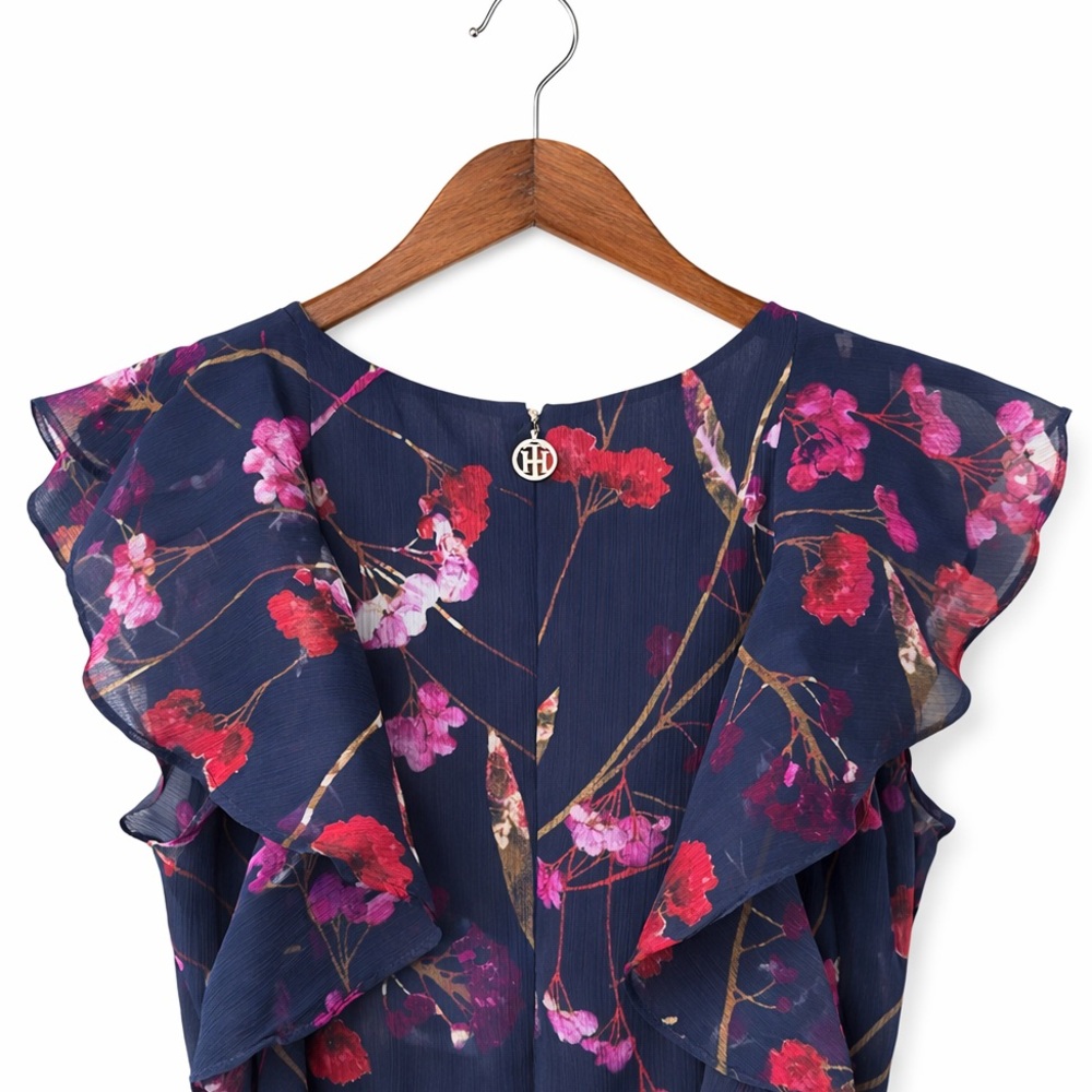 Tommy Hilfiger Blue Pink Hue Flowers Ruffled Sundress Sleeveless Tea length Sz S - Picture 7 of 8